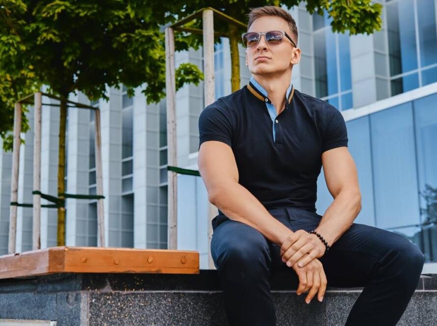 man wearing polo shirt in business casual office outfit