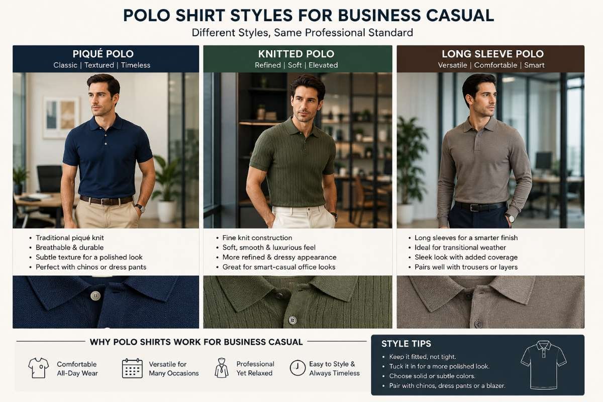 different polo shirt styles for business casual including pique, knitted, and long sleeve