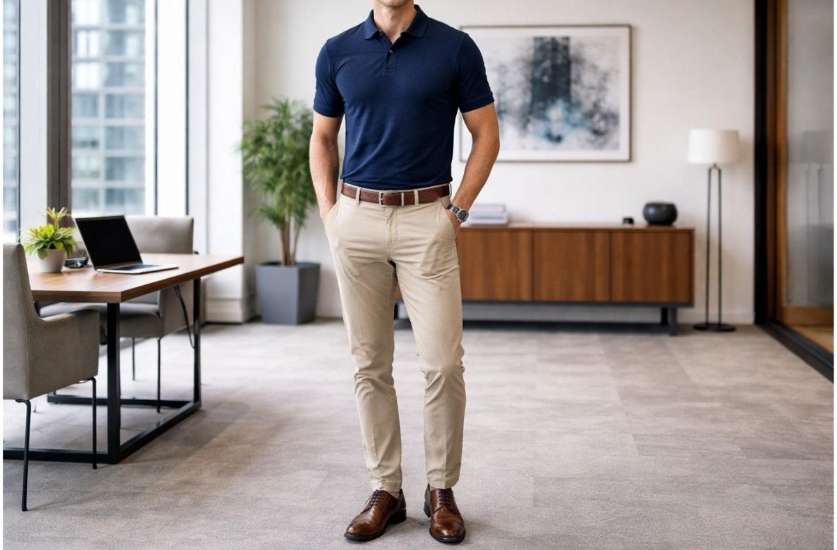 professional employee wearing fitted polo shirt in office