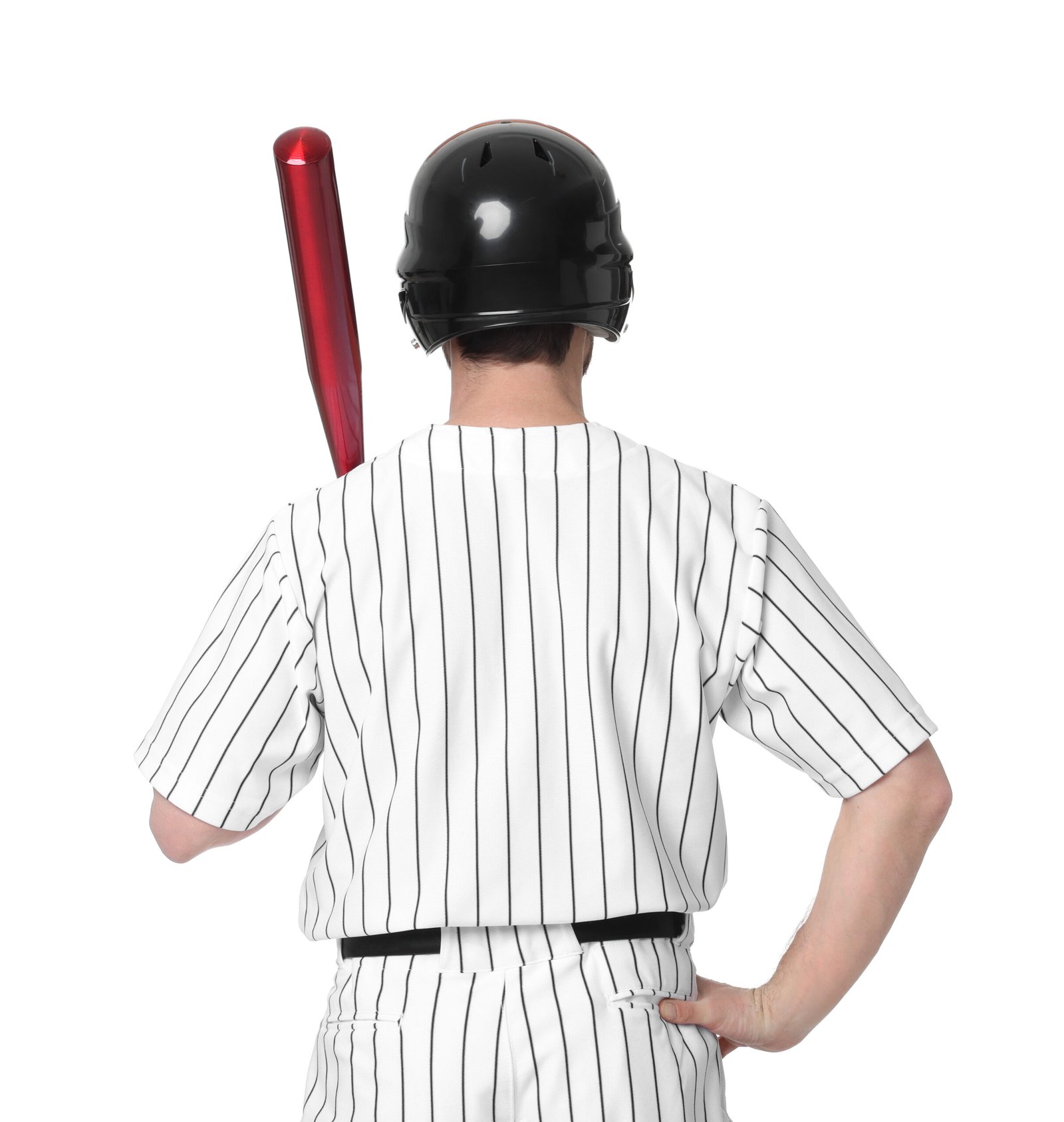 Baseball player in classic pinstripe uniform back view — custom baseball jersey manufacturer USA
