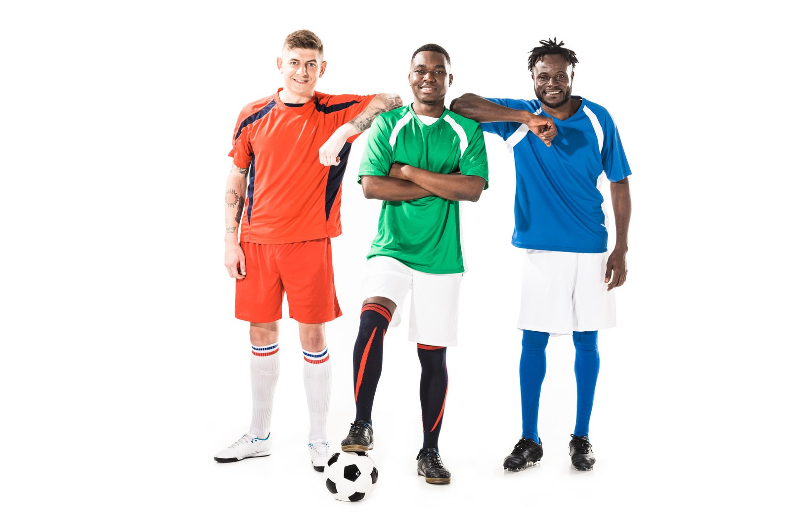 Three smiling football players in different custom colored uniforms — personalized football jerseys USA