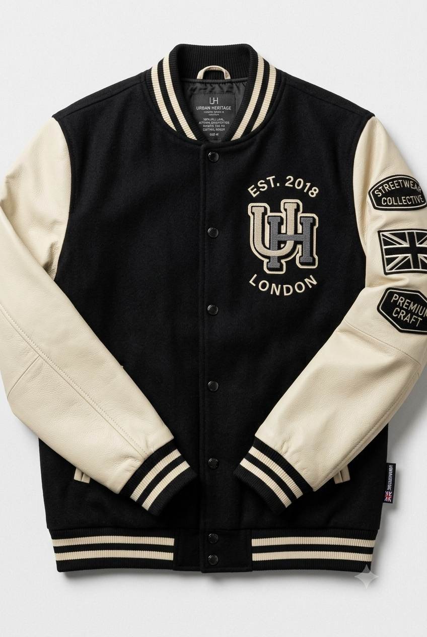 Custom varsity jacket manufactured for UK streetwear brand by Wearlets