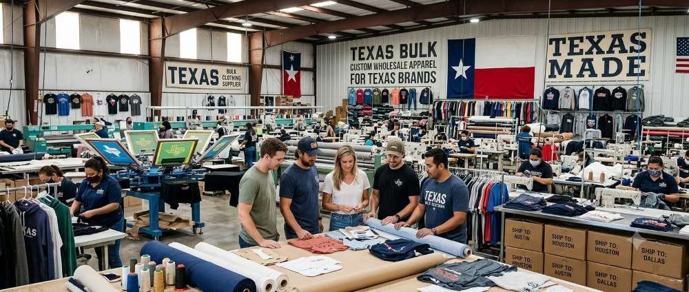 Bulk clothing supplier producing custom wholesale apparel for Texas brands