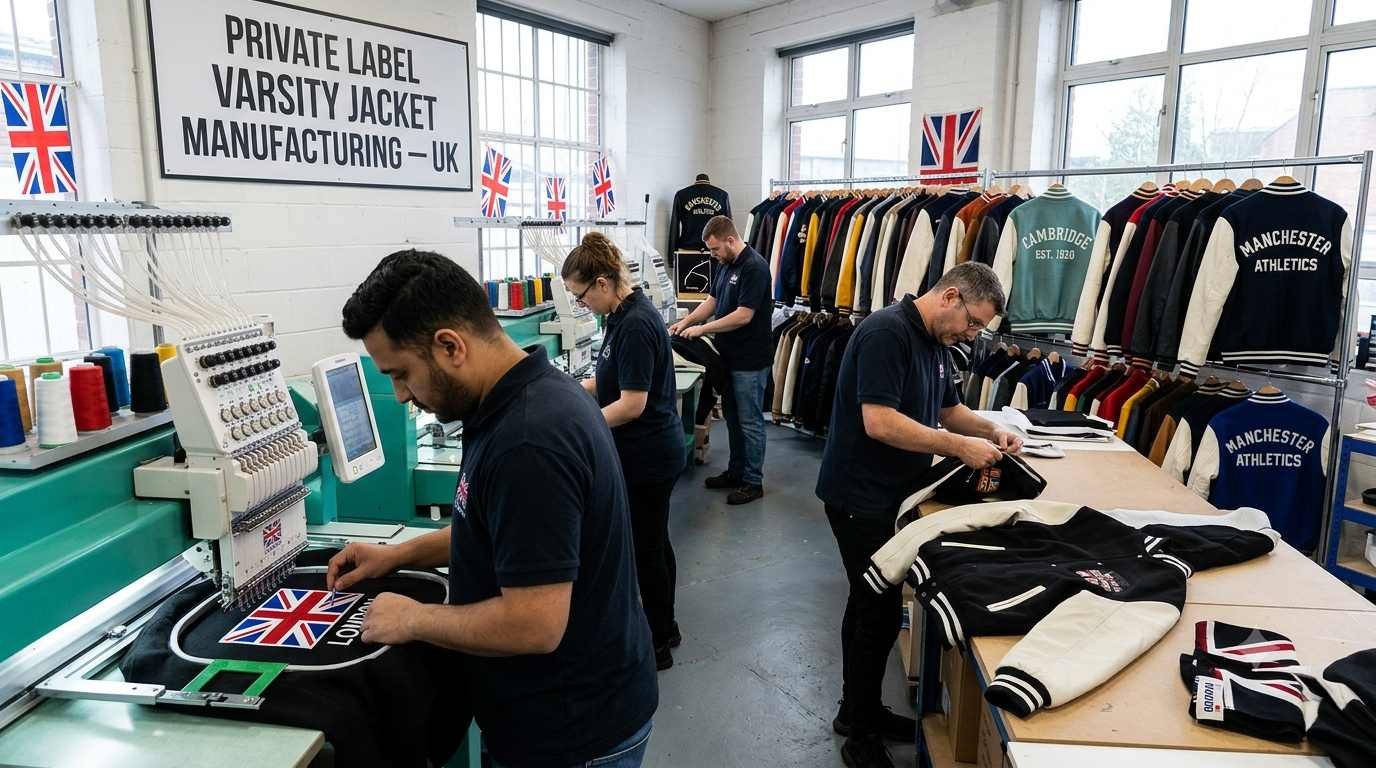Custom varsity jacket manufacturing for UK clothing brands