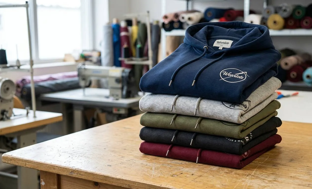 Folded stack of custom hoodies from a low MOQ production run at Wearlets
