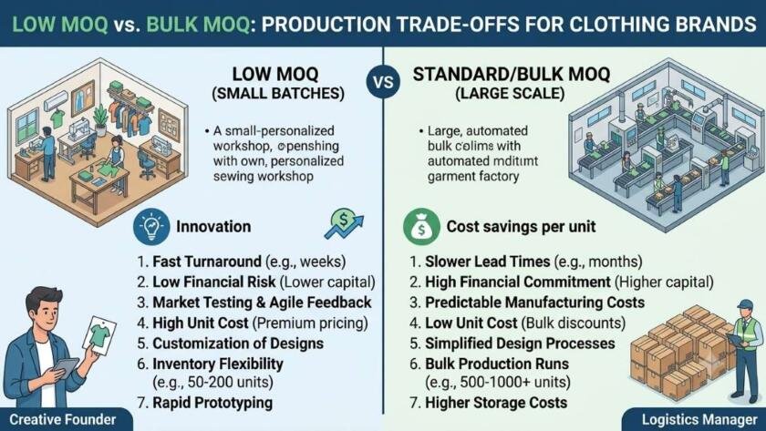 Comparison graphic showing low MOQ versus standard MOQ trade-offs for clothing brands