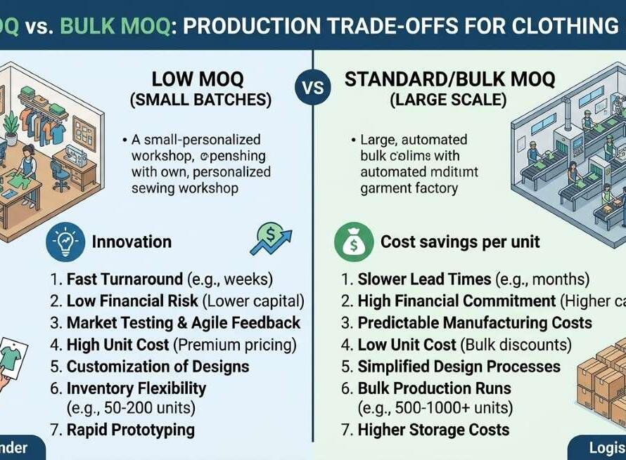 Comparison graphic showing low MOQ versus standard MOQ trade-offs for clothing brands