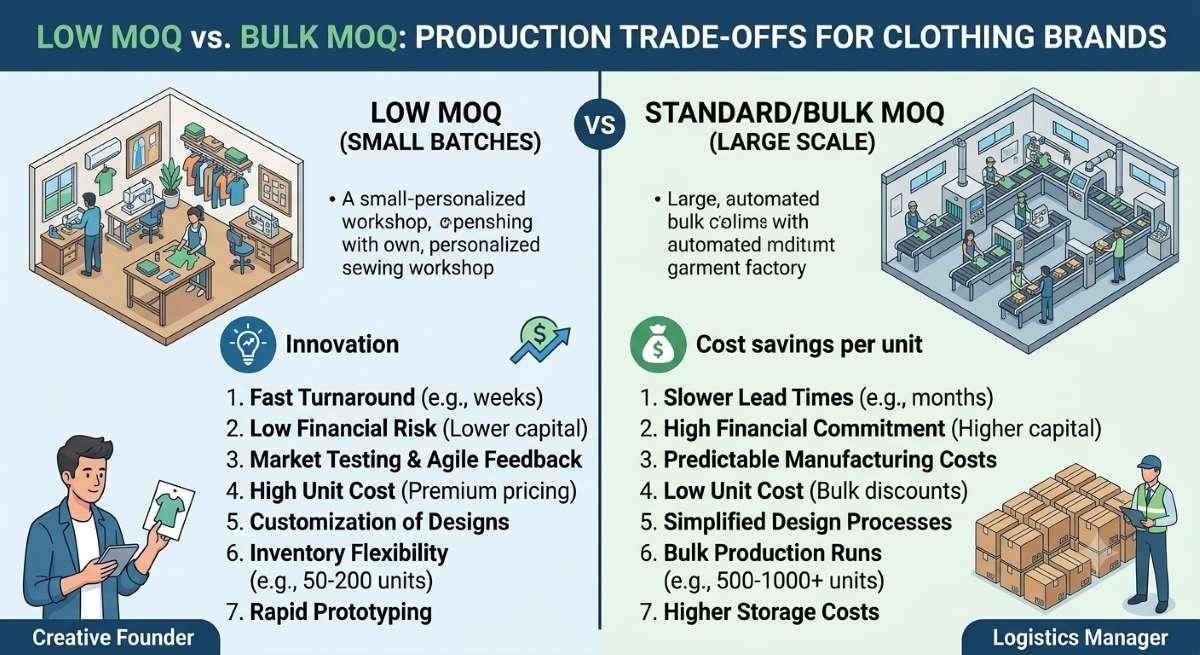 Comparison graphic showing low MOQ versus standard MOQ trade-offs for clothing brands