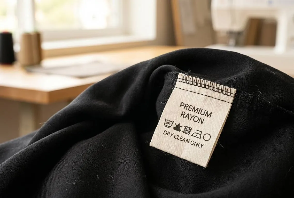 Clothing care label showing rayon fiber content and washing instructions