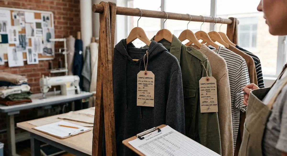 Sample garments with hang tags awaiting approval before a low MOQ bulk order