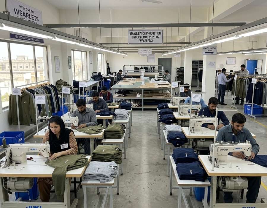 Production floor at Wearlets' Sialkot, Pakistan facility manufacturing a small batch apparel order