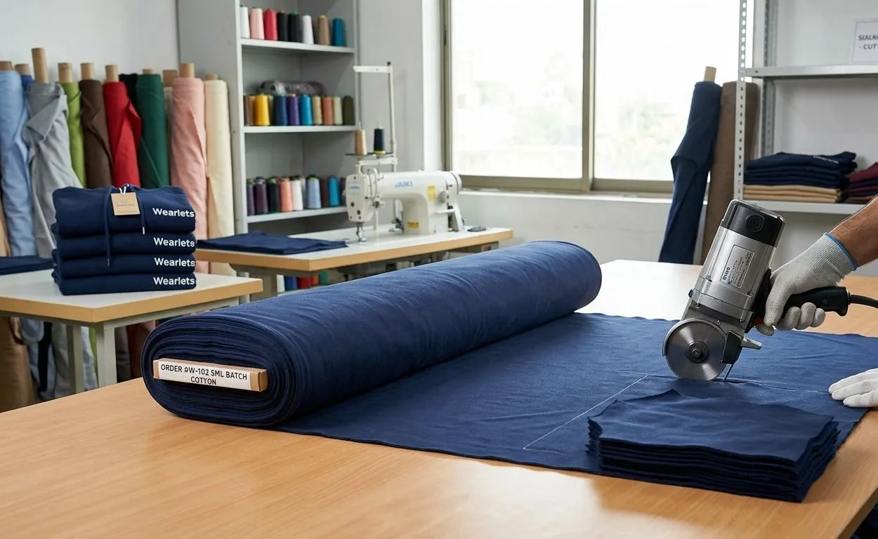 Fabric roll being cut for a small batch clothing order at Wearlets' Sialkot facility