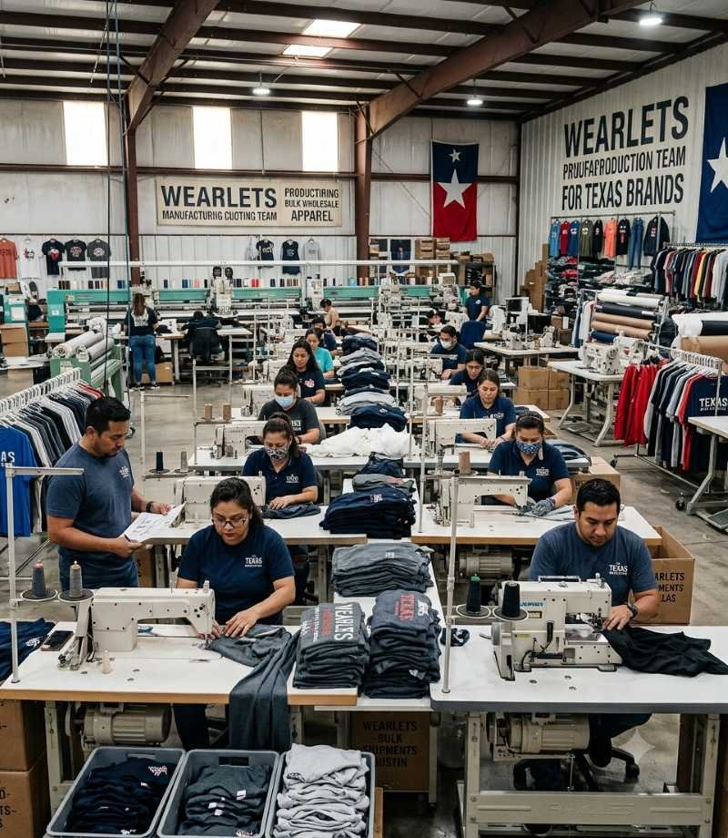 Wearlets production team manufacturing bulk wholesale apparel for Texas clothing brands