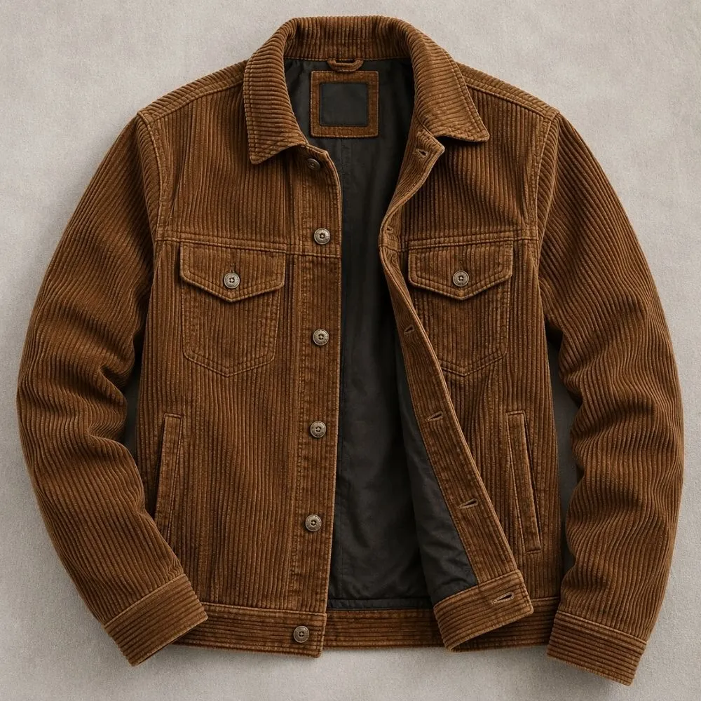 Brown corduroy jacket with visible wide wale texture