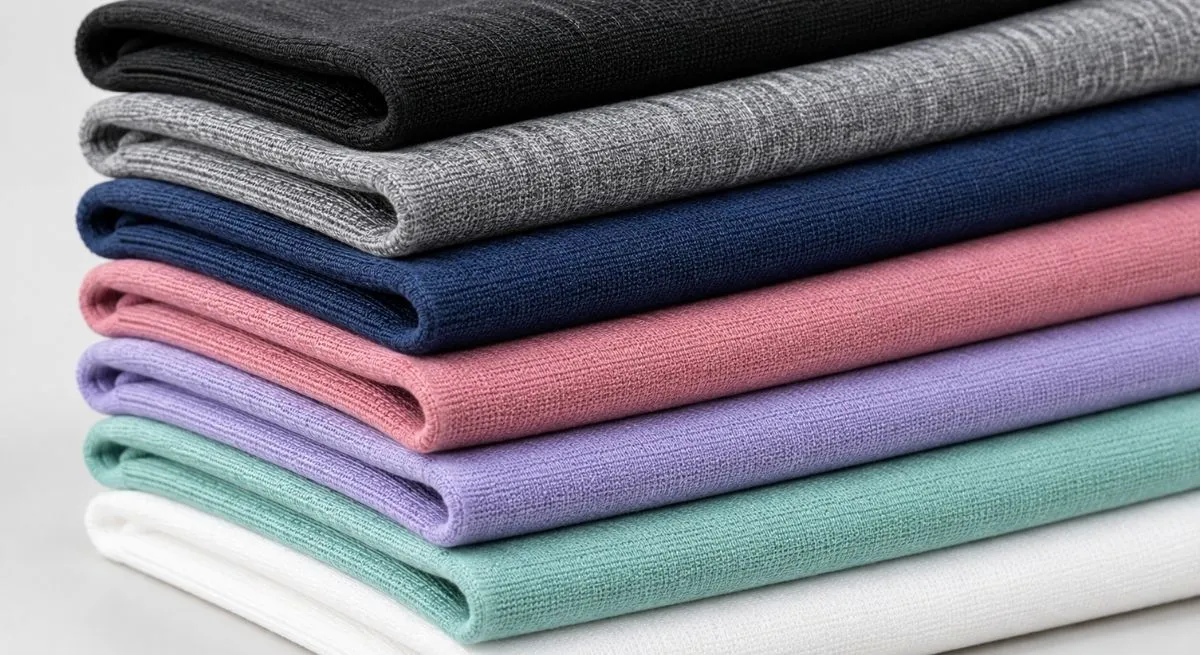 Cotton polyester nylon and viscose fabrics blended with elastane shown side by side