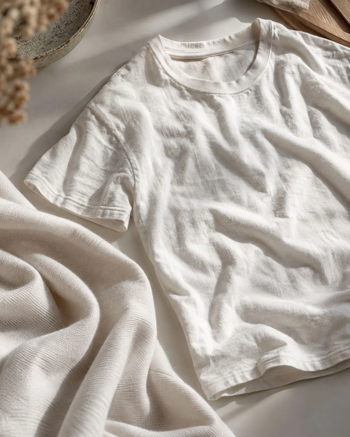 Realistic close-up of a natural cotton T-shirt showing soft texture and gentle shrinkage after washing