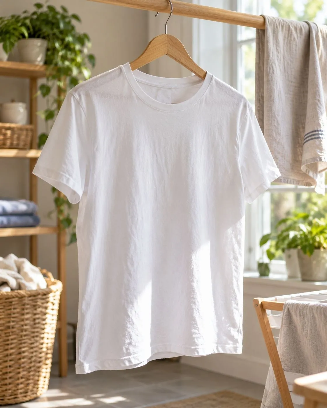 Realistic display of cotton T-shirts polo shirts and woven shirts in a natural apparel studio setting