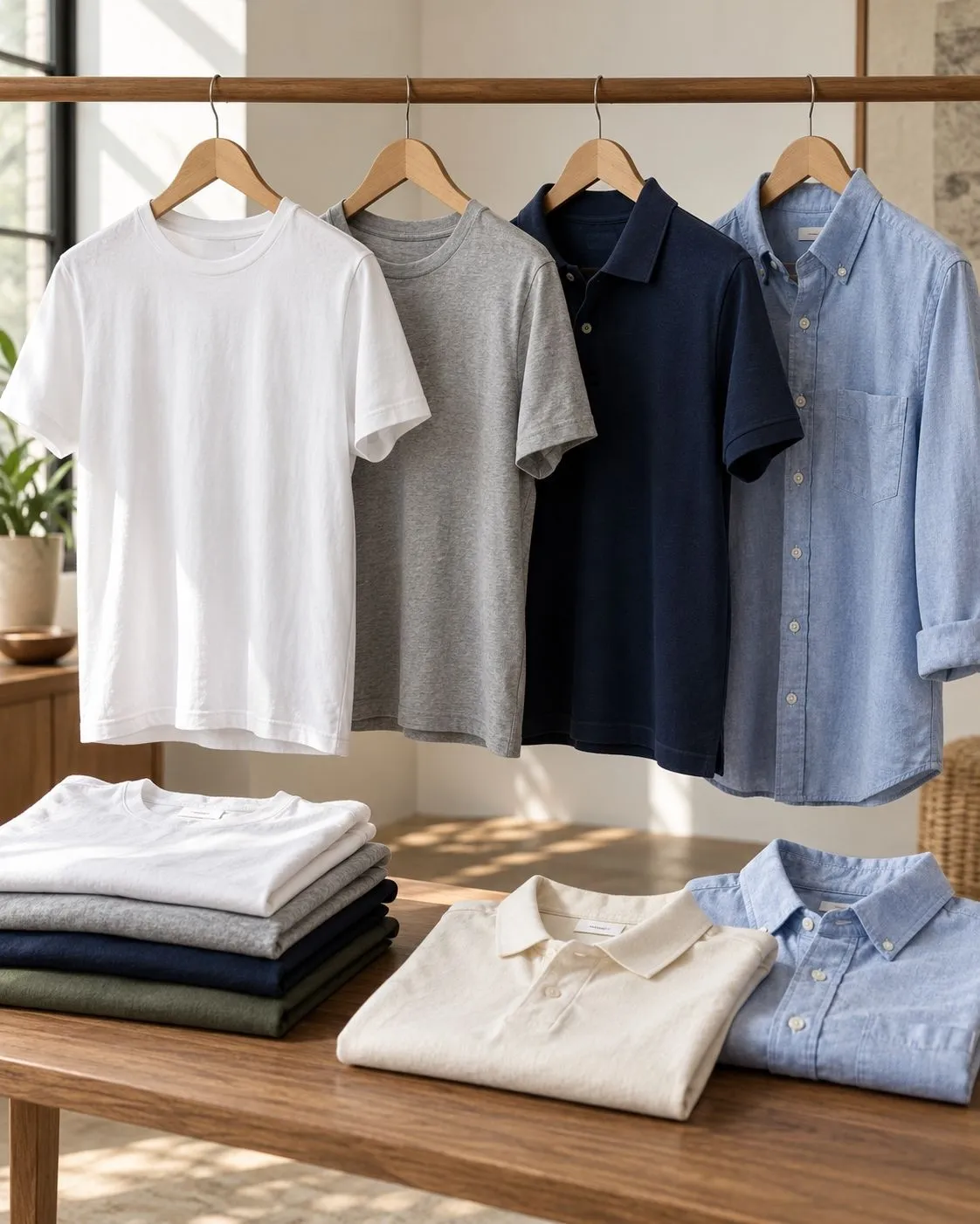 Realistic white cotton shirt air drying on a wooden hanger in natural sunlight