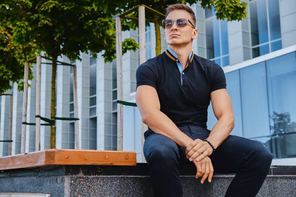 man wearing polo shirt in business casual office outfit